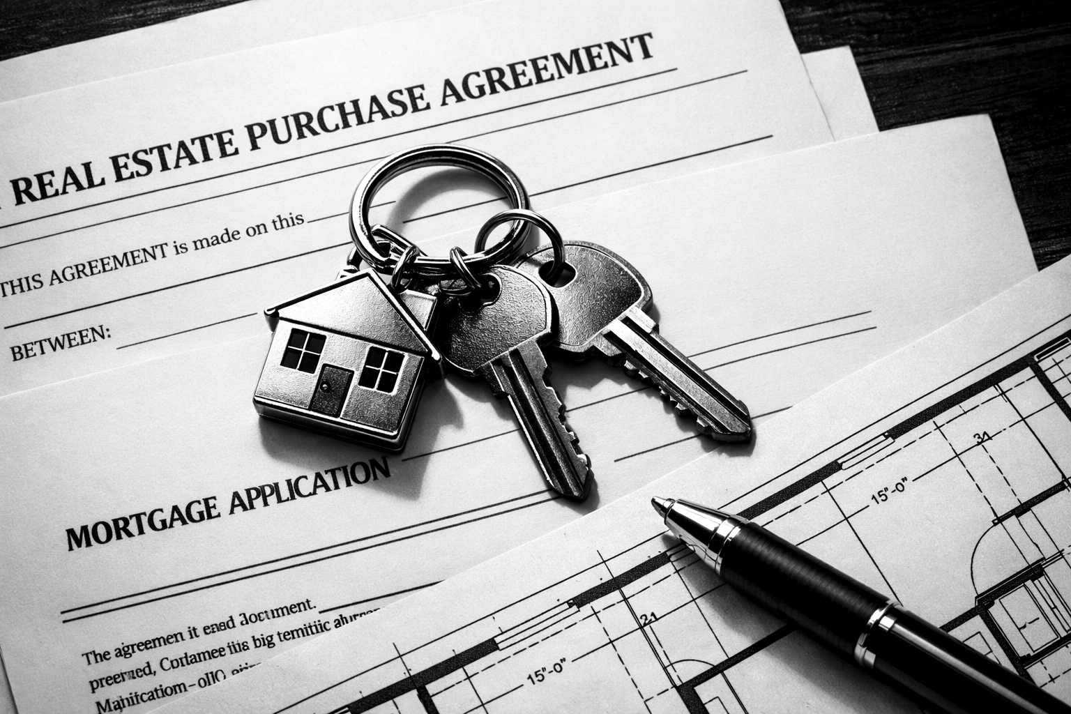 Property investment keys and real estate documents: keys on paperwork, blueprint corner, pen. No people.