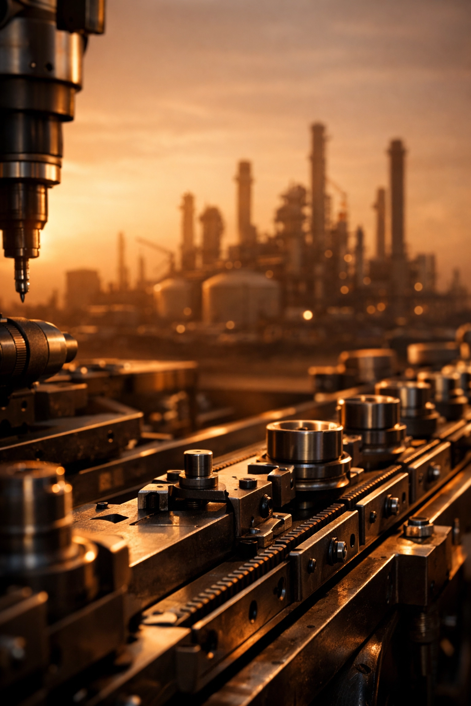 Industrial manufacturing assembly line and oil refinery illustrating energy costs for producers.