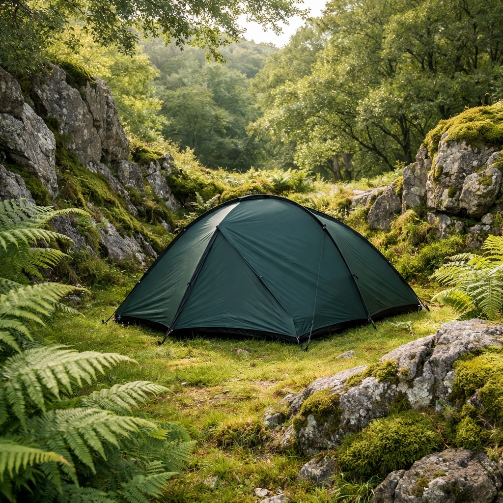 A green tent pitched in a secluded forest clearing for a safe wild camping guided UK experience.