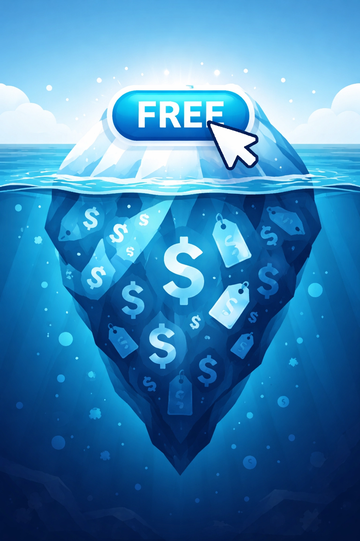 Illustration of a 'free' button atop an iceberg with hidden costs below, symbolizing hidden website builder fees