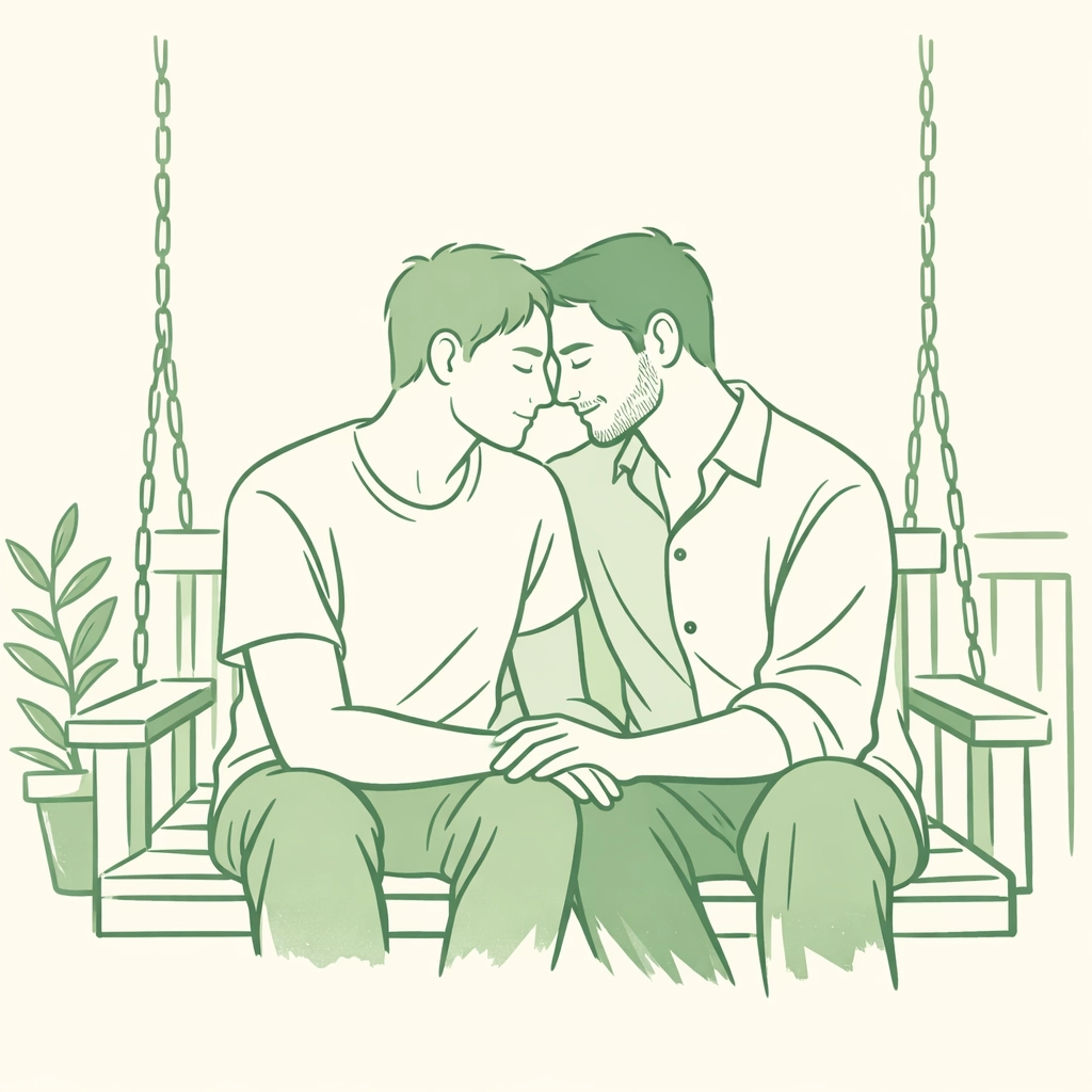 Minimalist illustration of two men sharing a romantic, emotional connection on a porch swing.