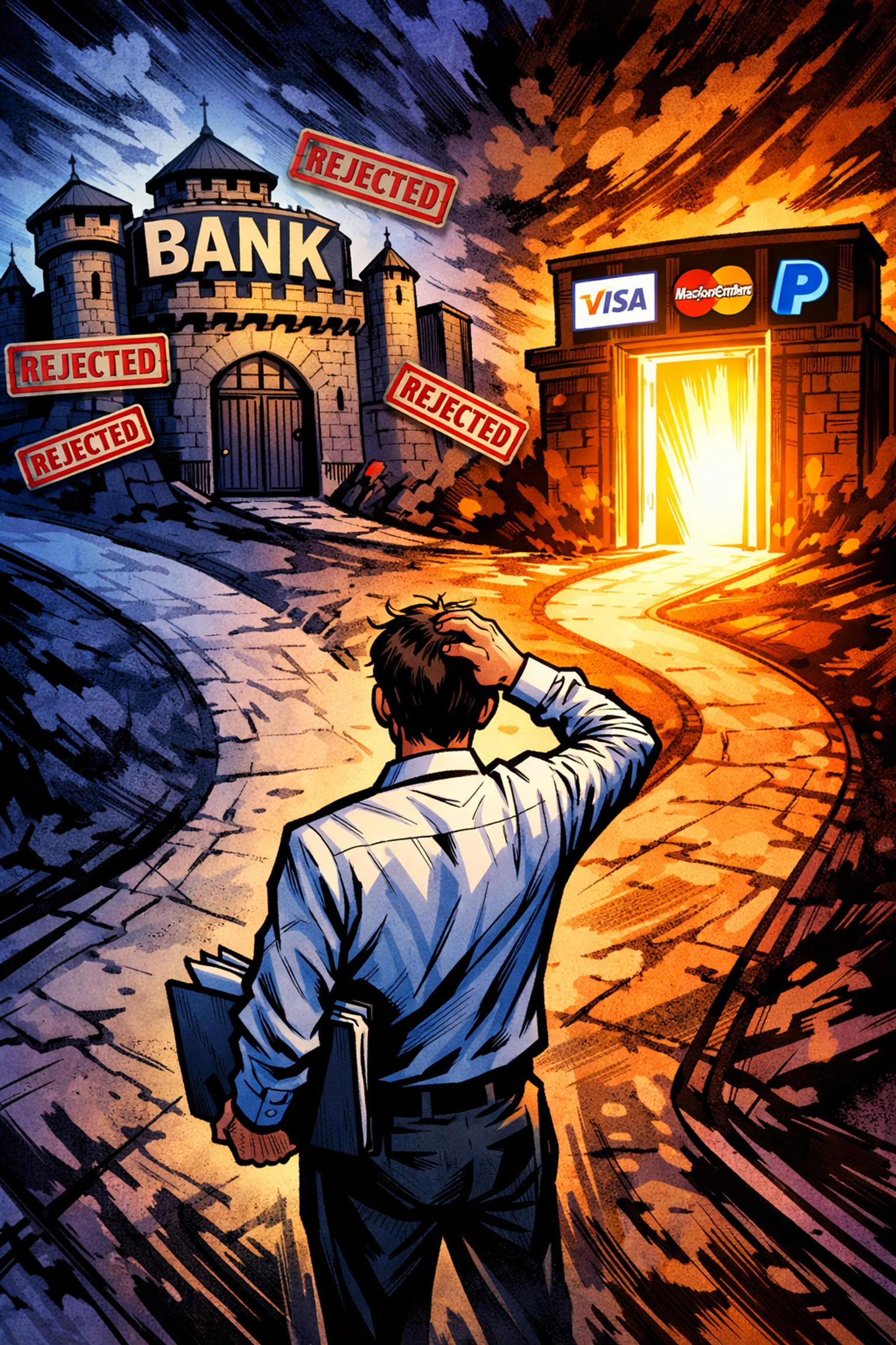 Business owner choosing between rejected traditional bank and high risk merchant account approval