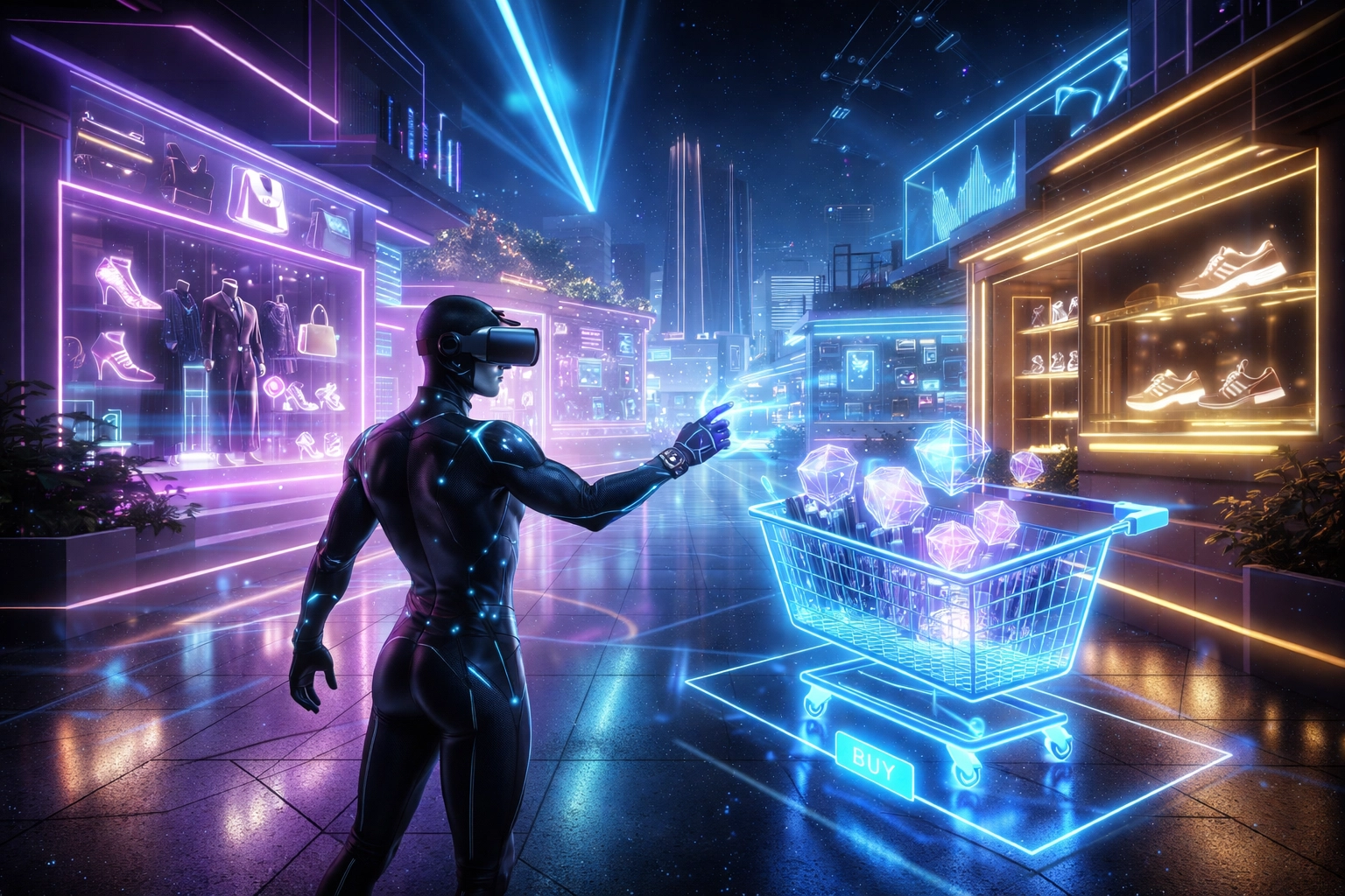 Immersive VR shopping scene with avatar, holographic storefronts, and NFTs illustrating metaverse crypto payments.