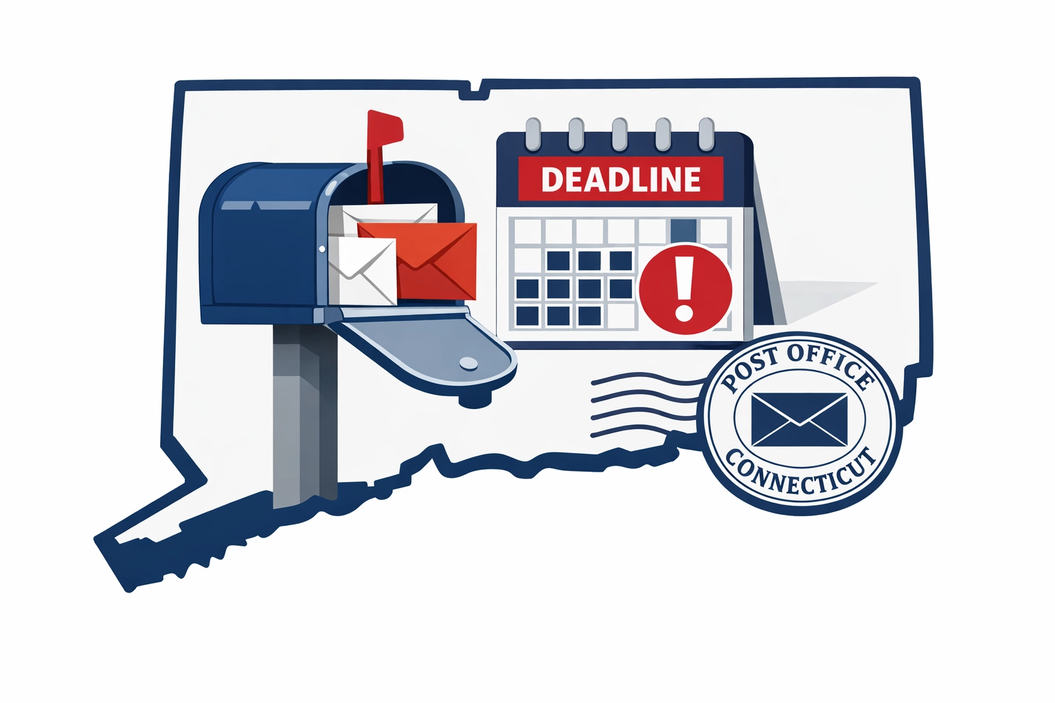 Connecticut tax filing postmark deadline with mailbox and state outline illustration