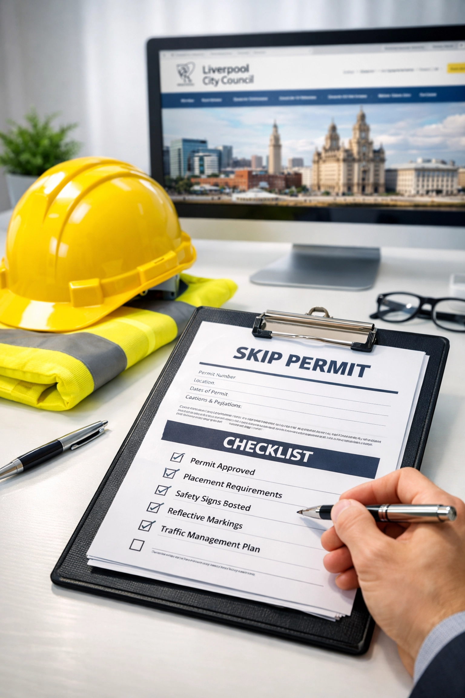 Skip permit application documents and safety equipment for Liverpool Council