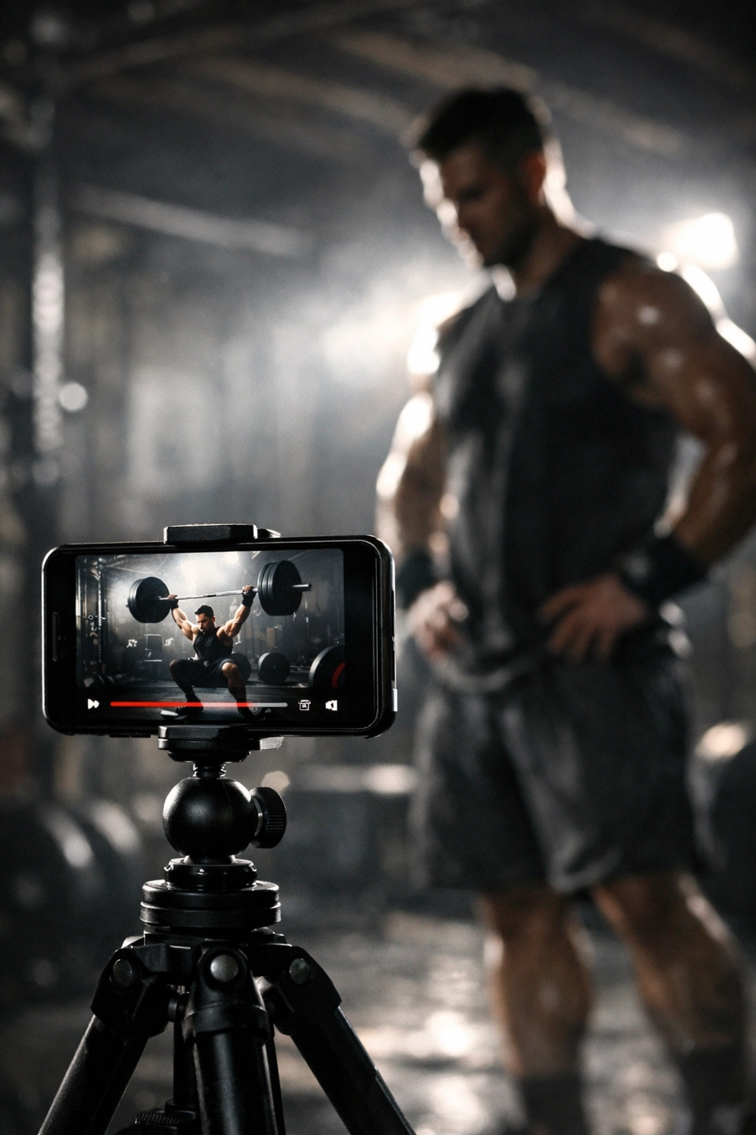 CrossFit athlete recording a full body workout at home to review form and training technique.