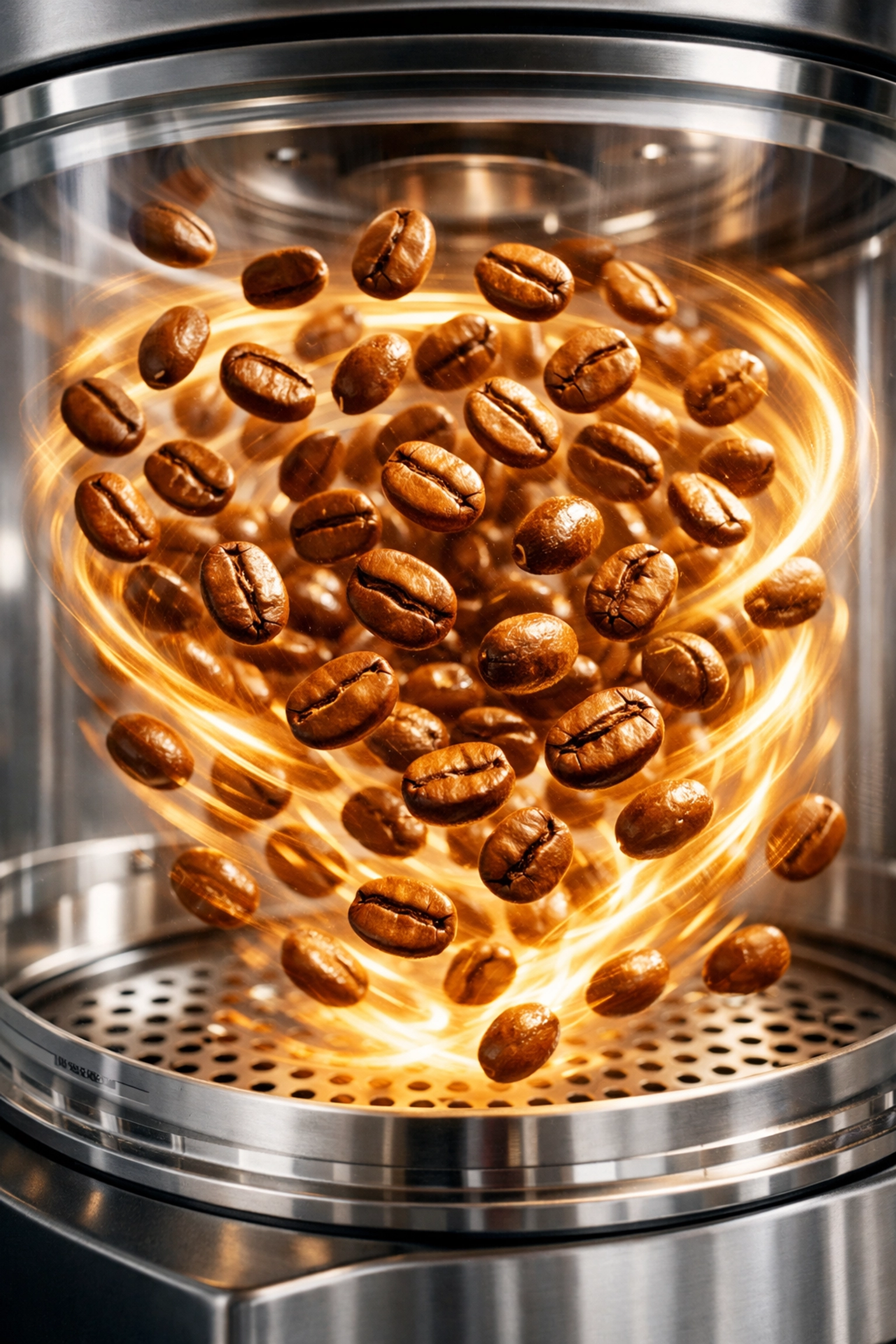 Specialty coffee beans swirling in an air roaster to preserve delicate blueberry flavor notes.