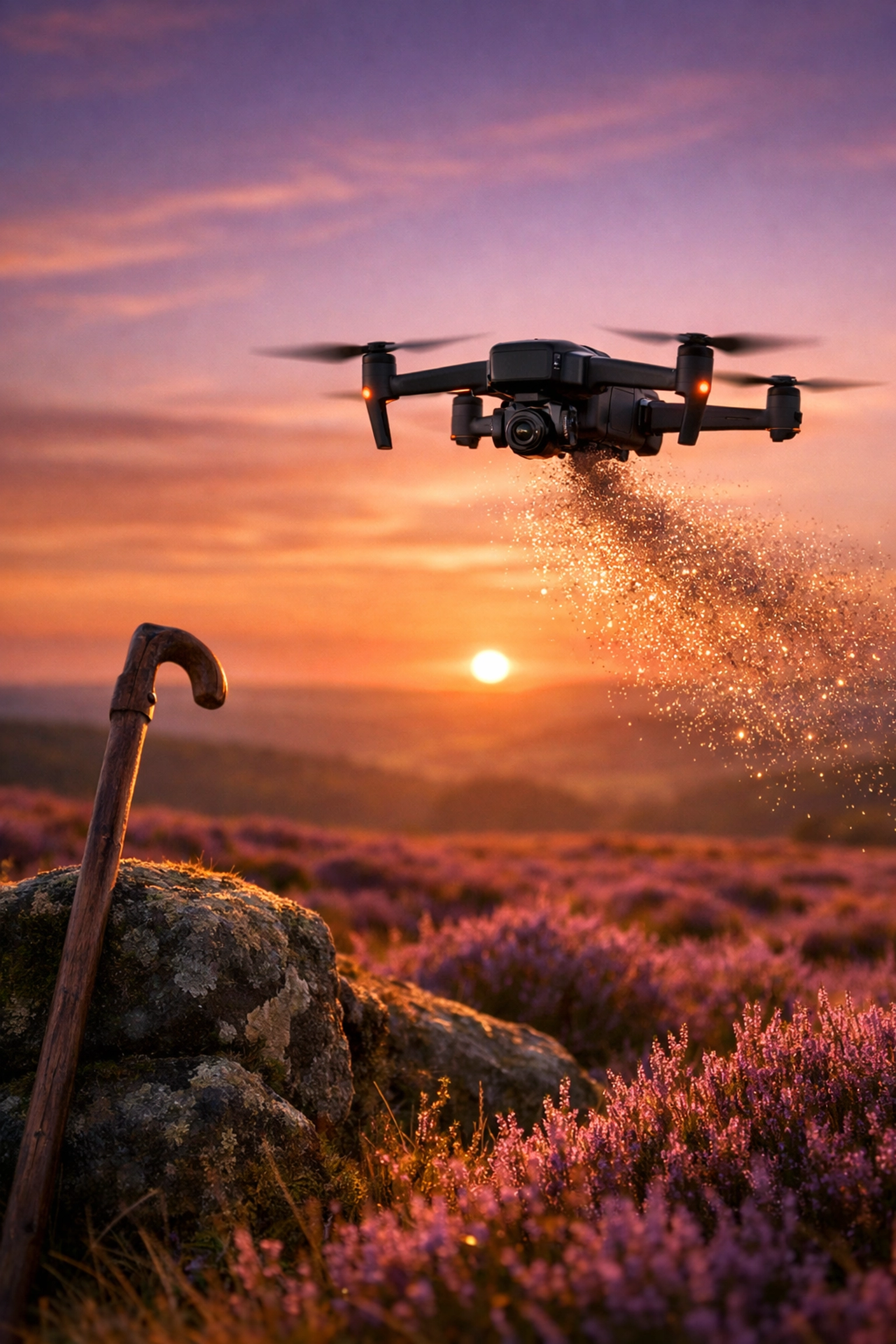 Dignified drone cremation ashes scattering service over a scenic UK moorland, perfect for a peaceful pet ashes scattering.