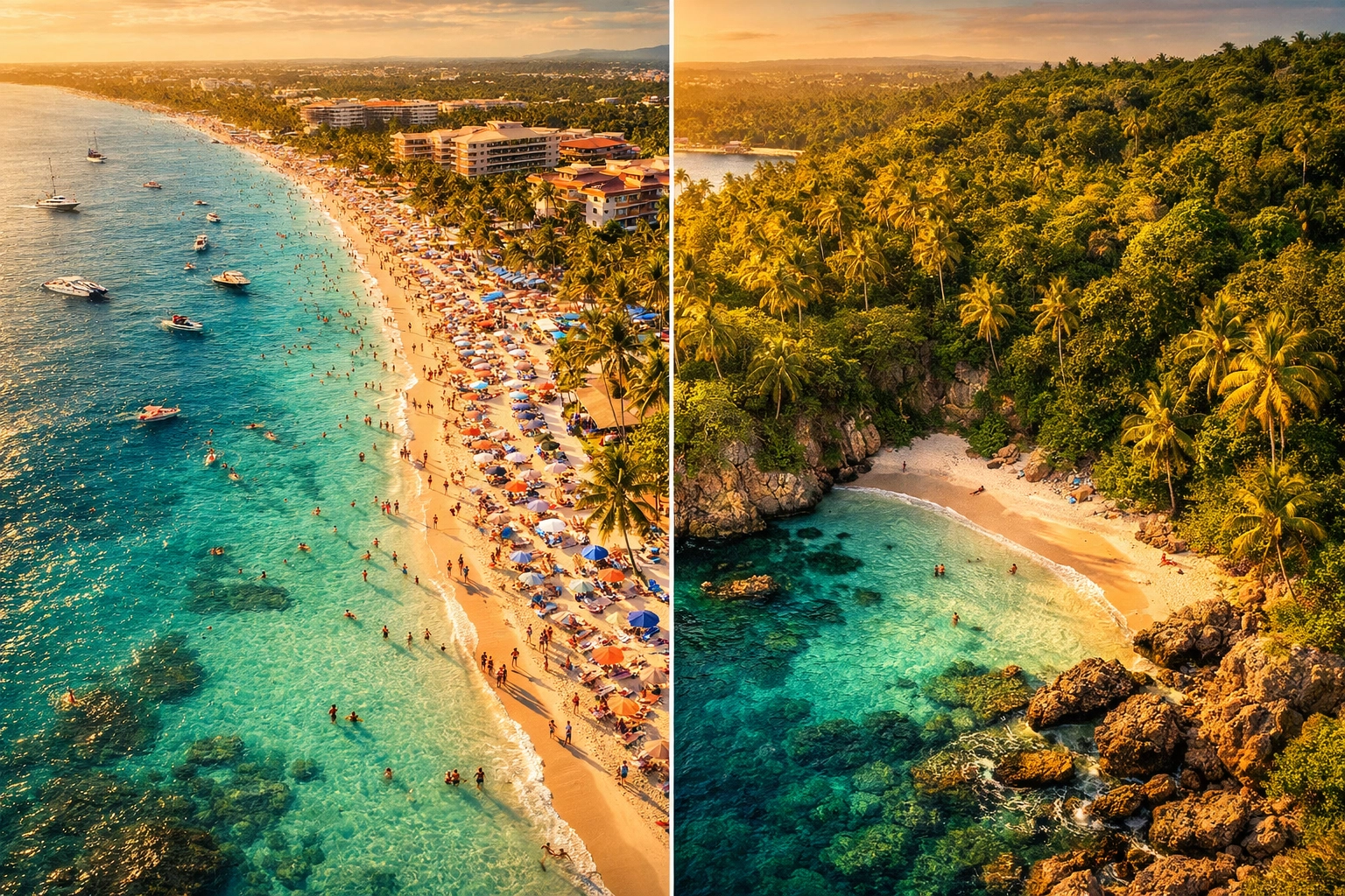 Aerial view of tropical beach showing crowded tourist area versus secluded hidden beach cove