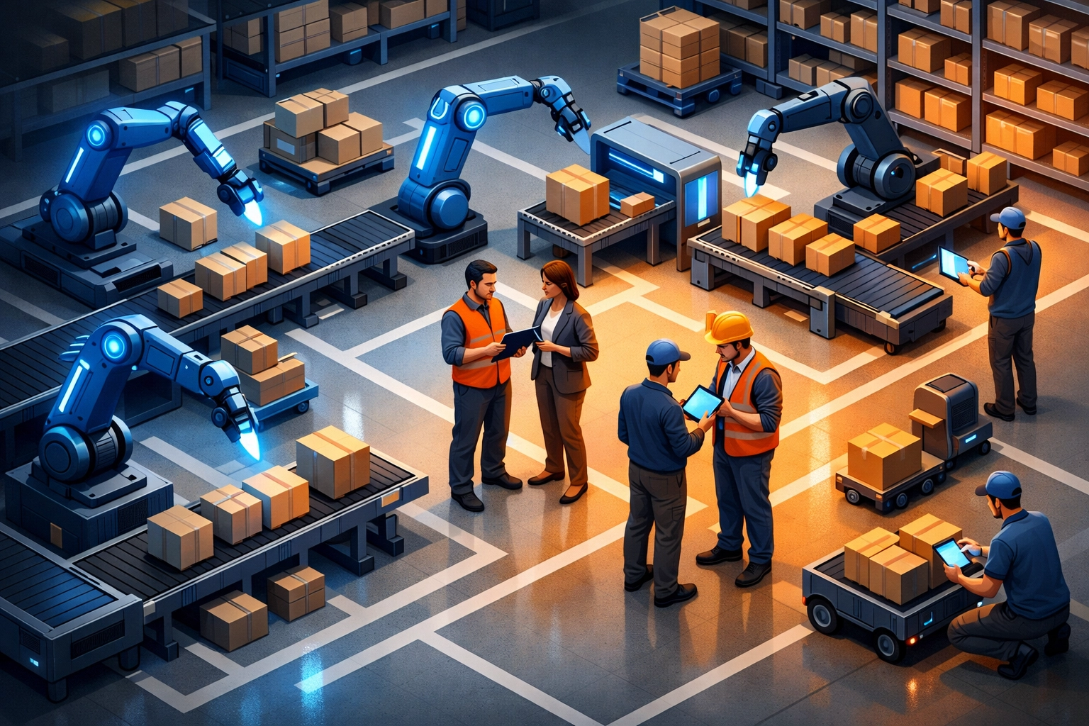 Robotic automation and human workers collaborating on factory floor for operational efficiency