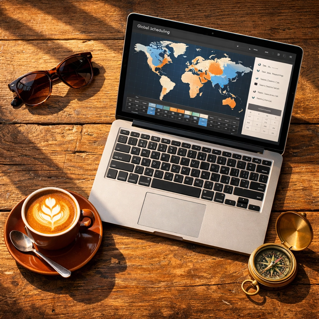 Laptop and espresso in an Austin cafe for business professionals managing international time zones.