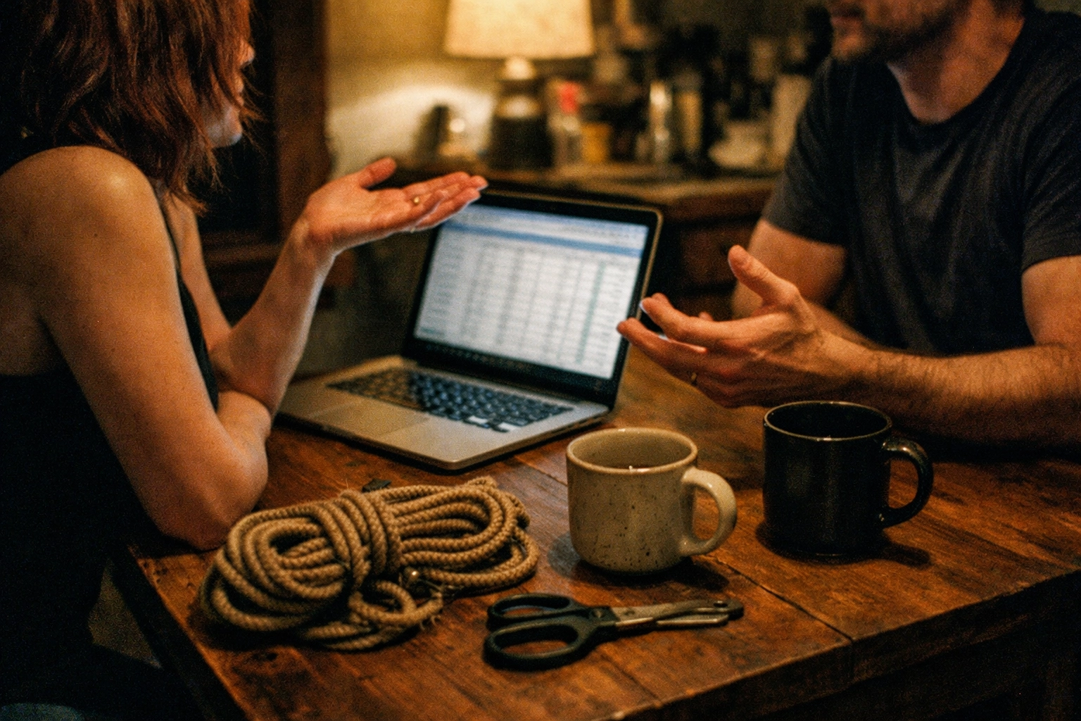 Candid editorial photo: two adults at a kitchen table at night with a laptop open to a spreadsheet, coffee mugs, rope and safety shears nearby—negotiation vibes, not depressing.