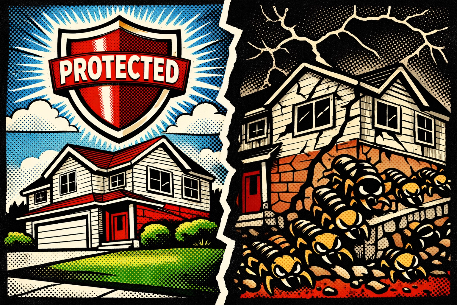 Protected home versus termite-damaged home showing importance of early termite bond coverage in Jasper AL