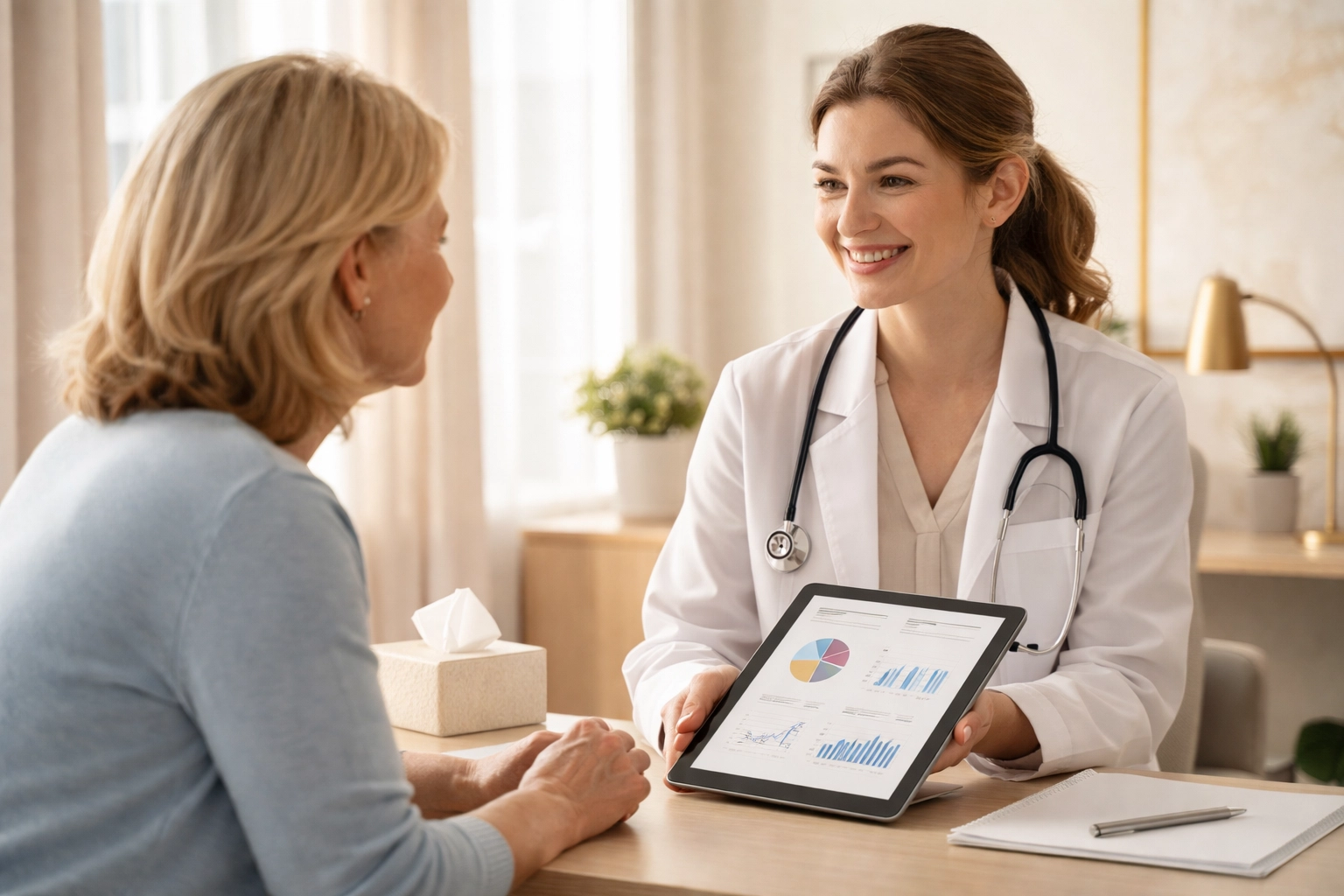 Healthcare provider discussing personalized BHRT treatment plan with female patient during consultation