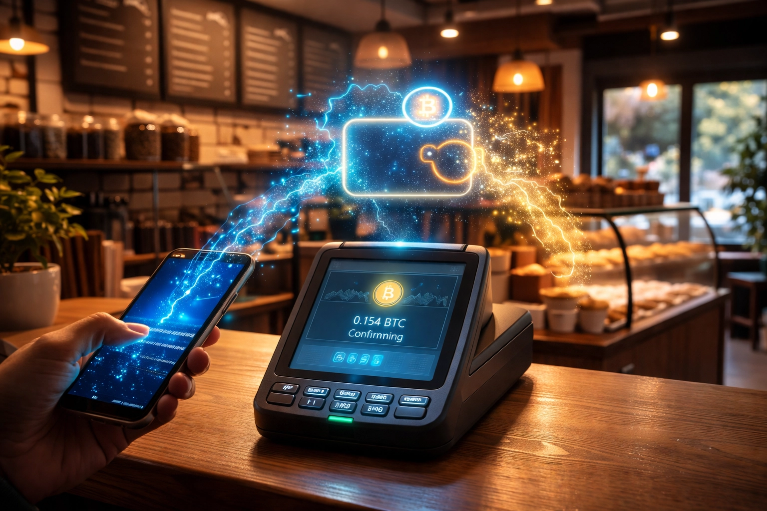 Modern coffee shop accepting crypto payments, highlighting merchant benefits of a Web3 POS system for small business.
