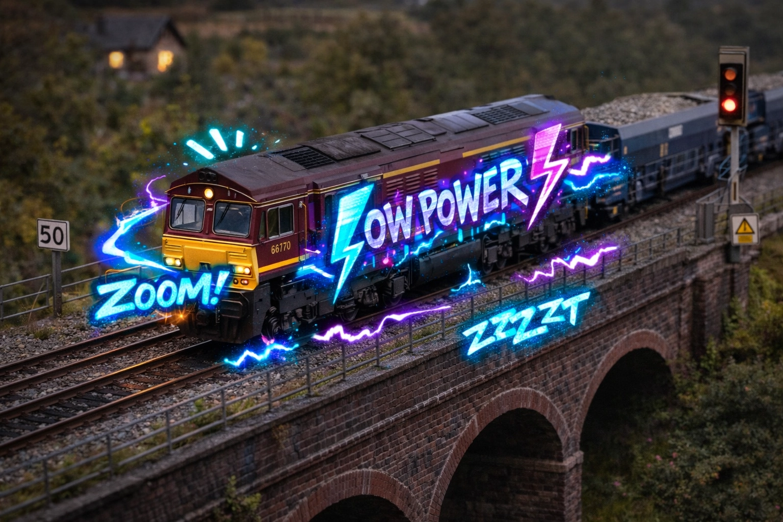 British outline diesel locomotive on a model railway bridge showing efficient digital power flow.