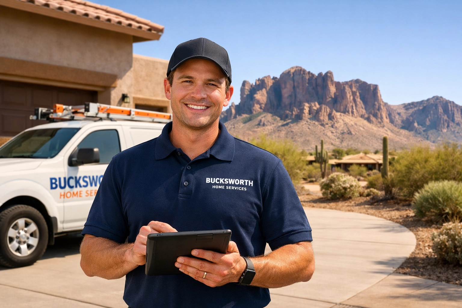 Bucksworth Home Services technician providing emergency plumbing care in an Apache Junction neighborhood.