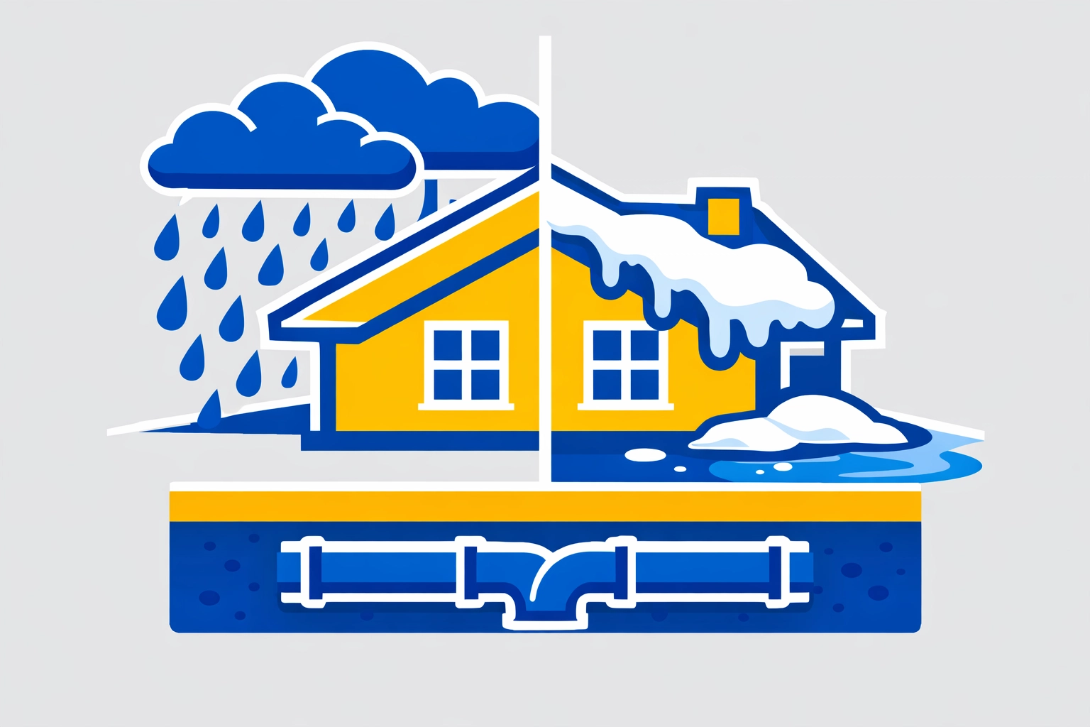 Illustration showing how rain and melting snow cause water damage in a Montgomery County home.