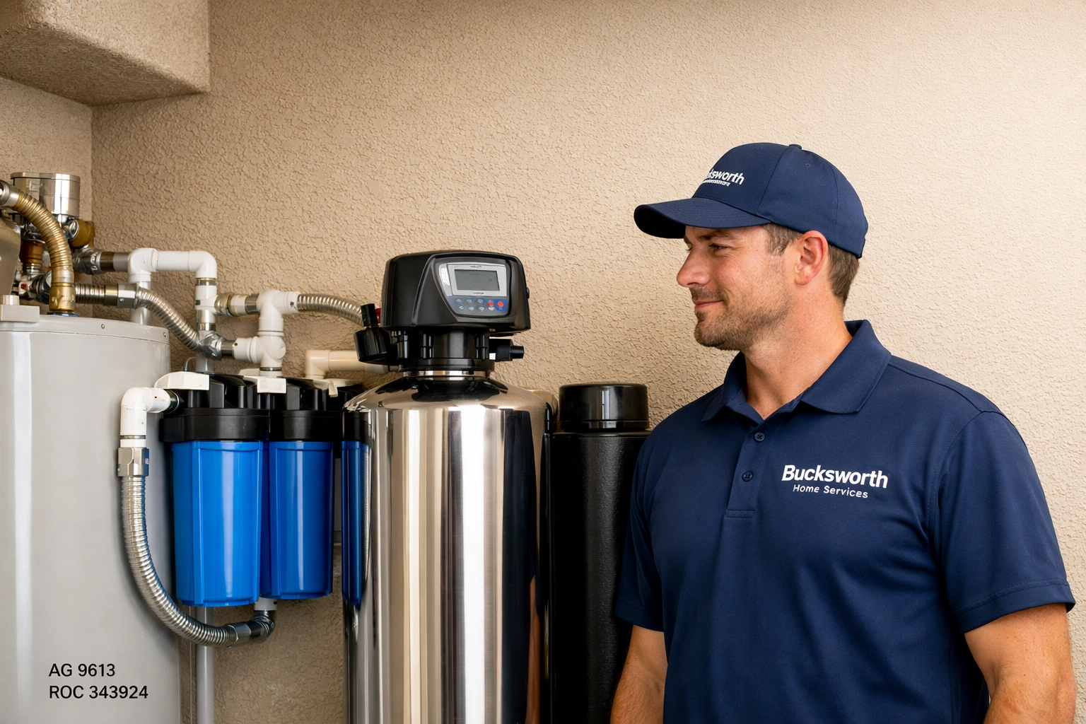 Bucksworth Home Services technician inspecting a high-efficiency water filtration system in a Glendale home.