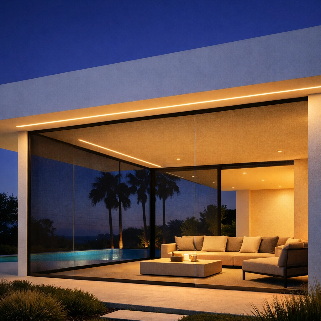 Modern minimalist patio featuring dark mesh outdoor blinds for seamless indoor-outdoor living at twilight.