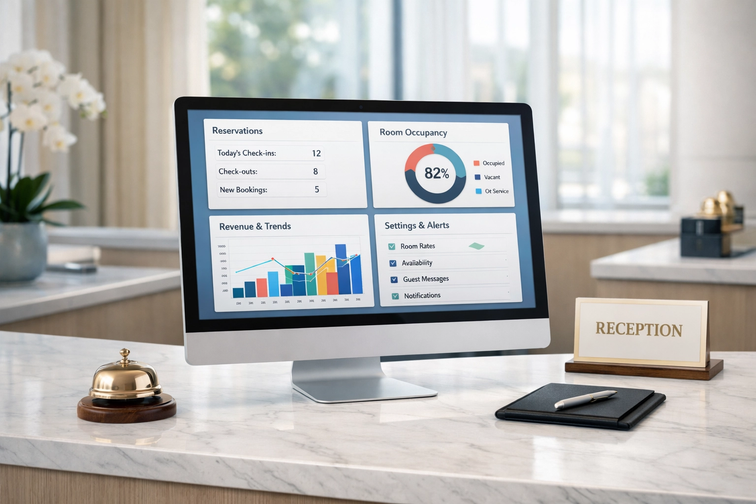 Hotel reception desk with modern PMS dashboard displaying configuration settings and analytics