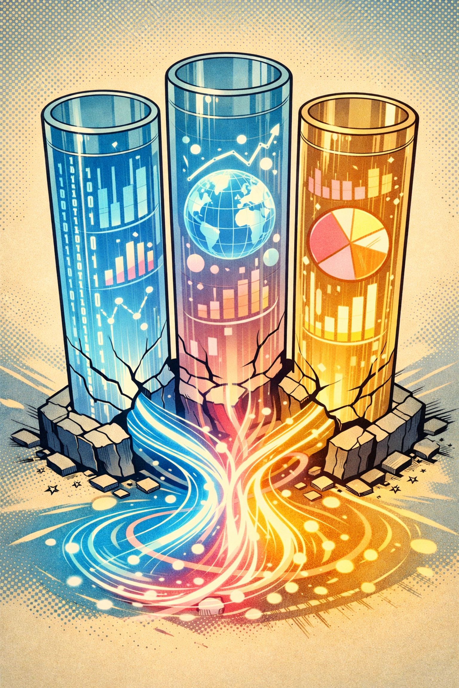 Three organizational silos merging into unified revenue operations system with integrated data streams