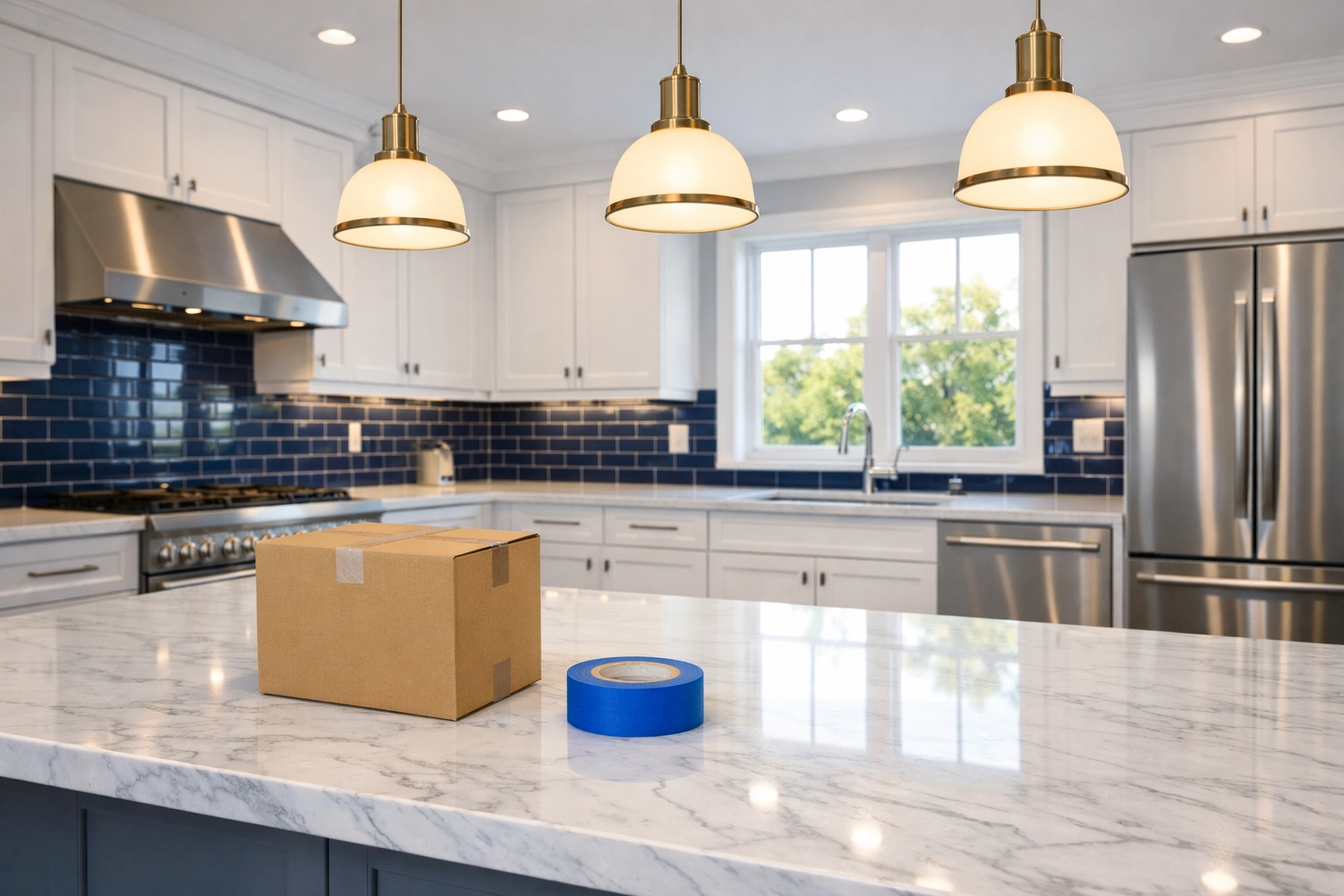 Sanitized gourmet kitchen with white cabinets and marble counters, perfectly prepared for move-in cleaning in Lowell.