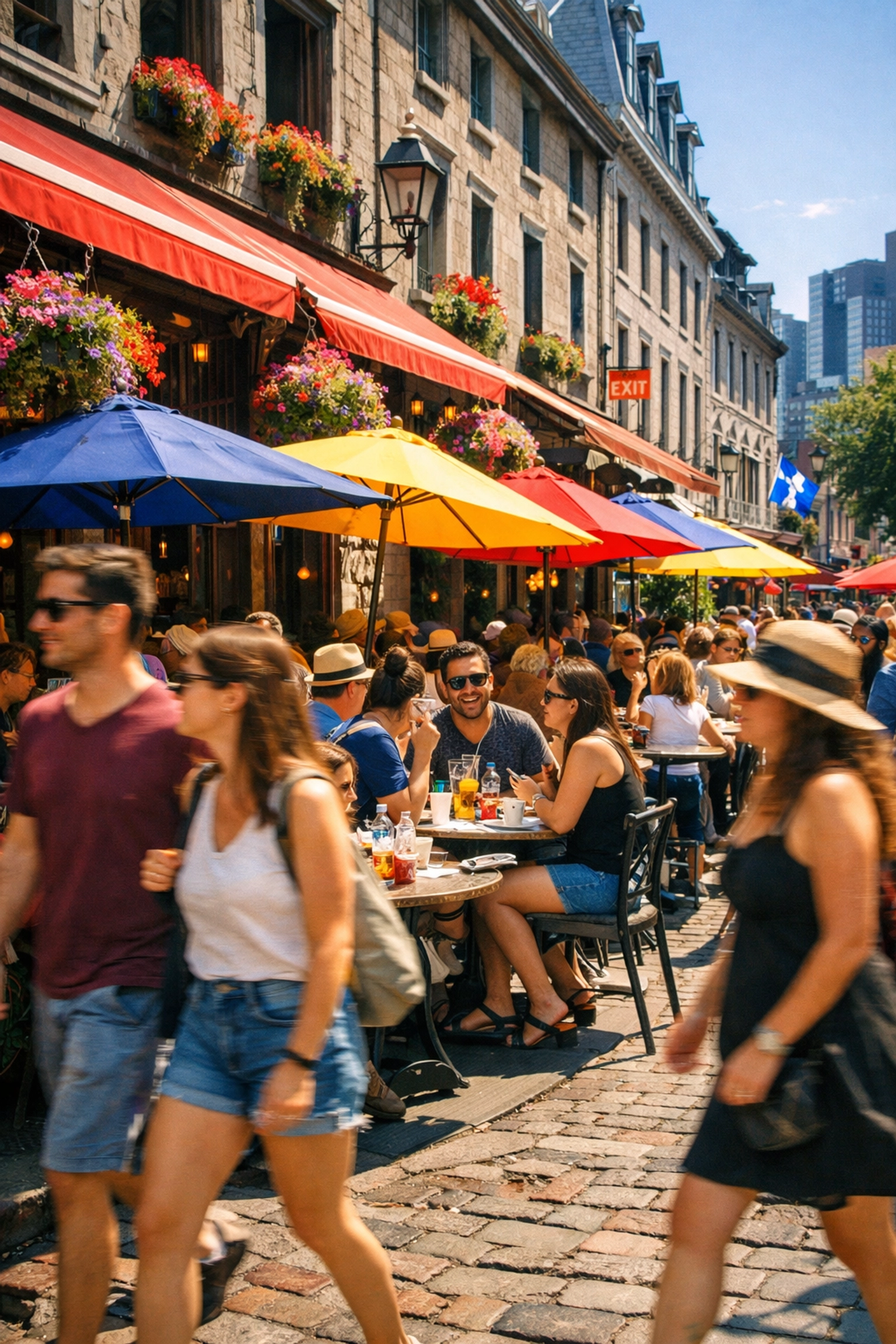 A bustling Montreal street terrace with cafe umbrellas and flowers in the historic Old Port district.