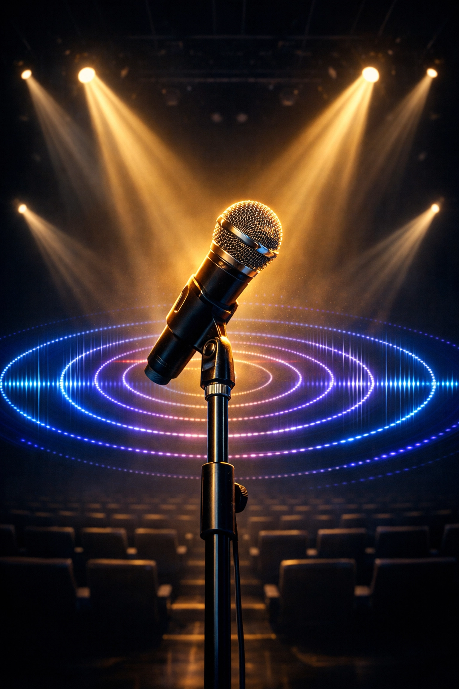 Professional microphone on stage with dramatic lighting for vocal presence - Simon Leung speaking tips