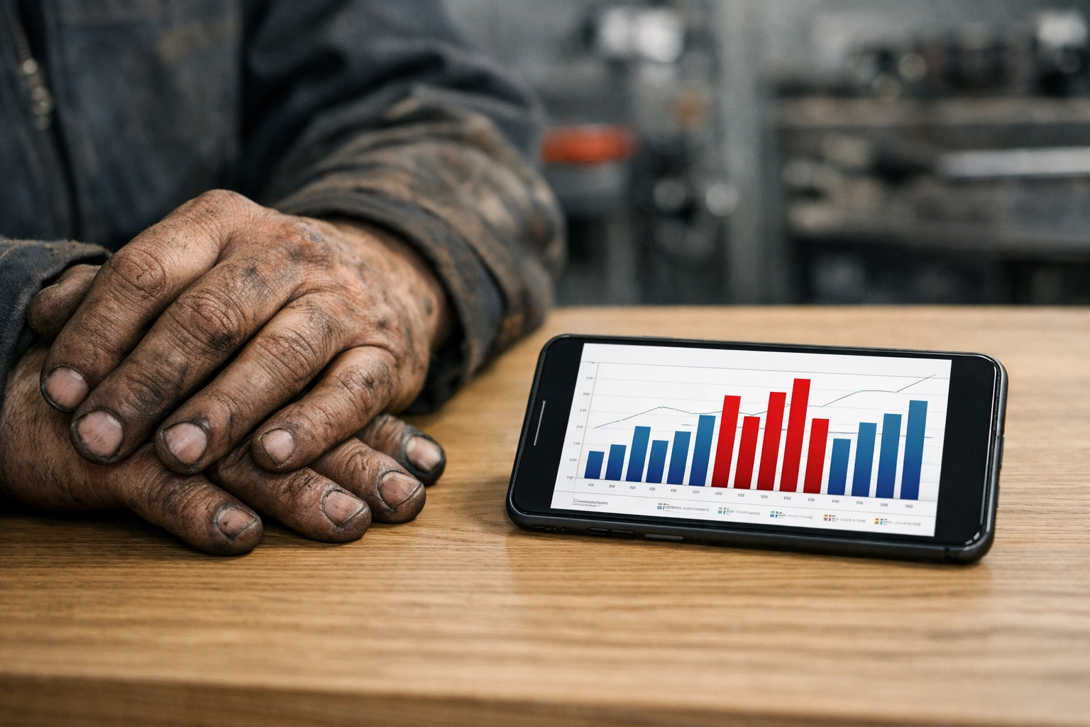 Professional view of a mobile debt chart highlighting financial waste next to a worker’s hands on a desk.