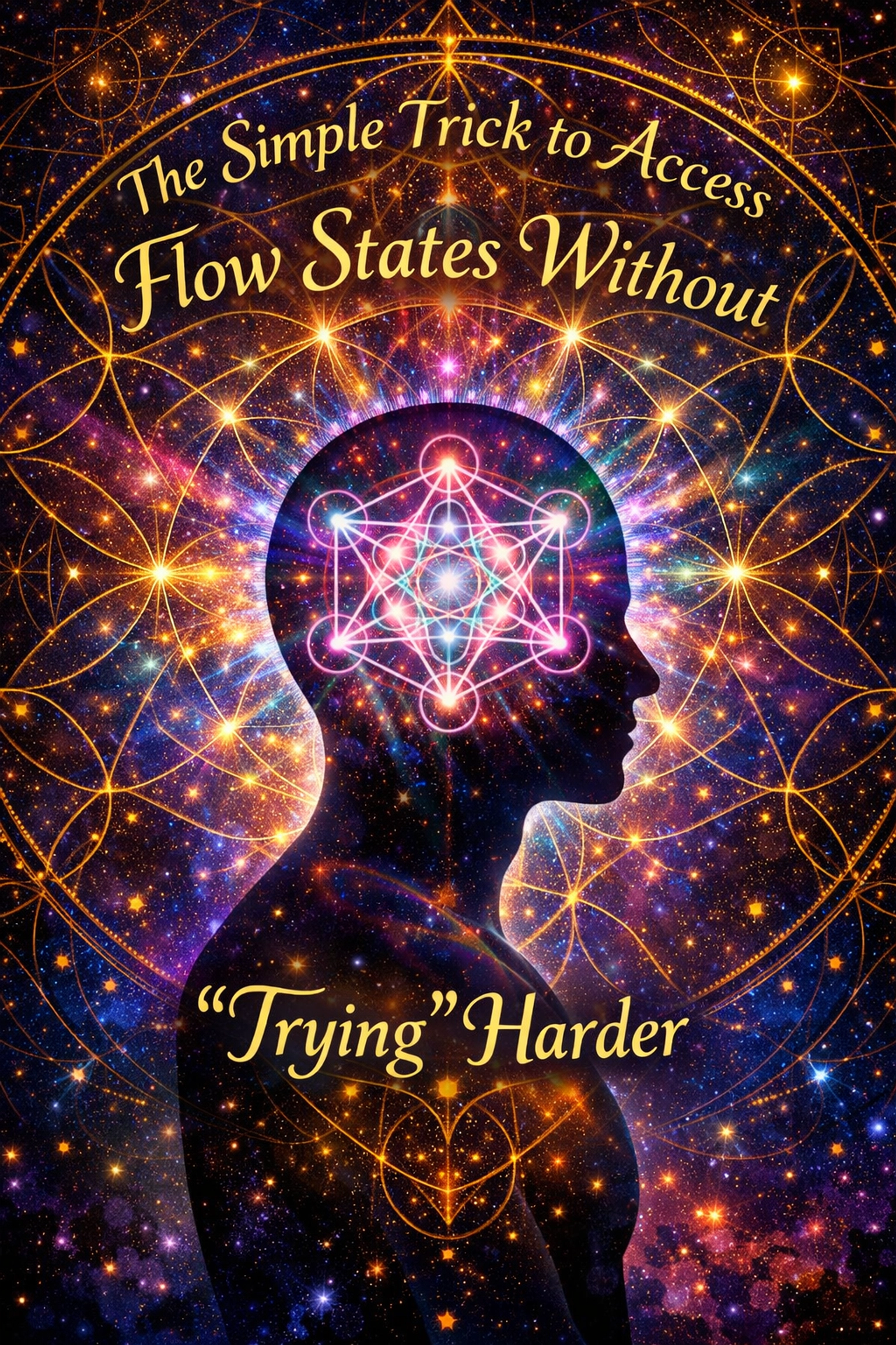 Meditative silhouette with sacred geometry brain representing the absence of thought and flow state.