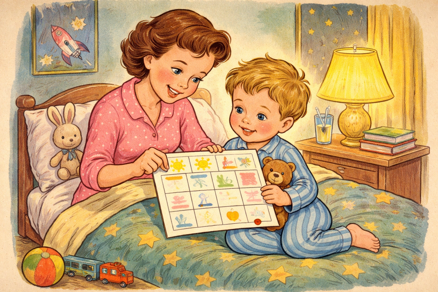 Parent and child review a colorful planning sheet together at bedtime, promoting family routines and day planning.