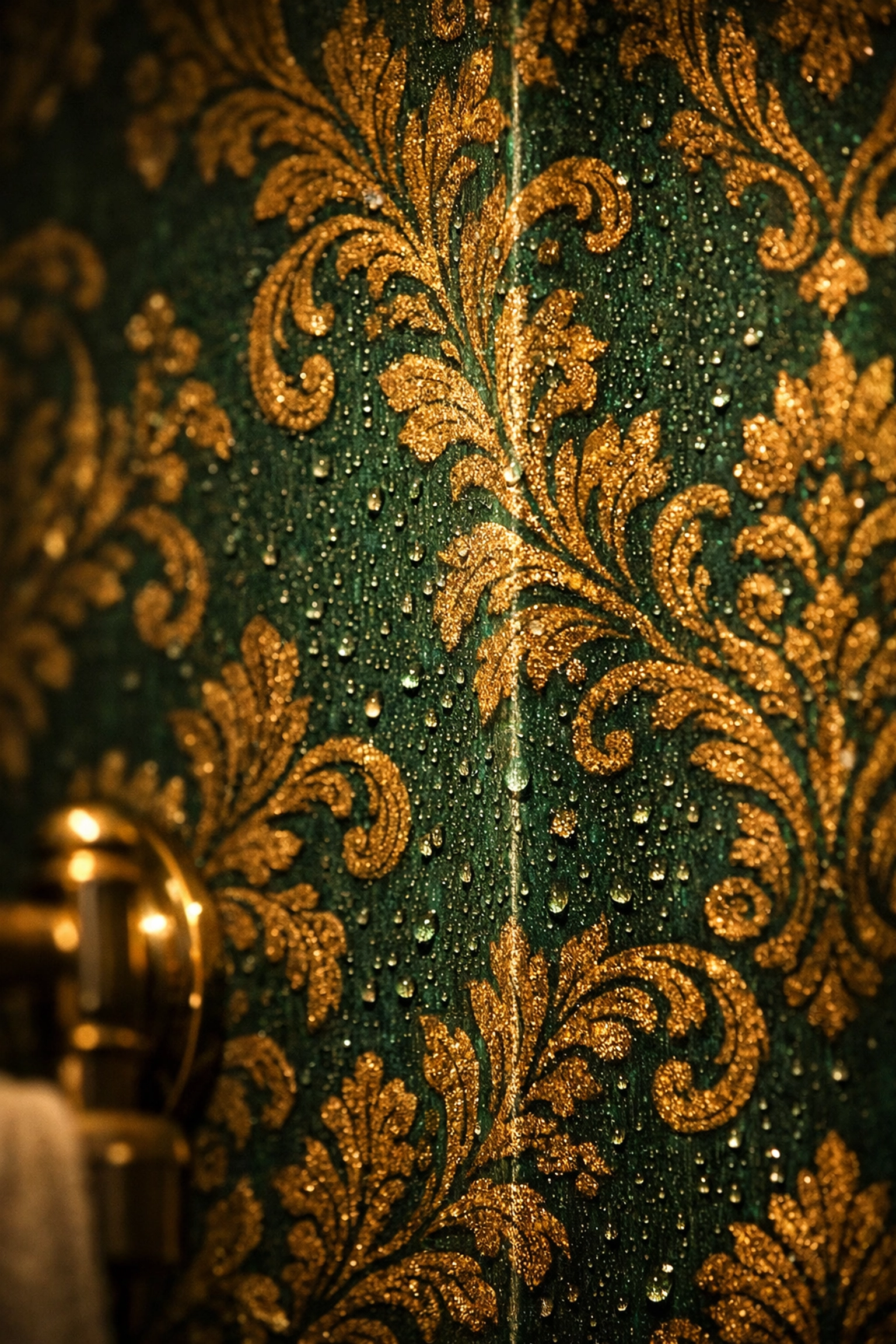 Water droplets beading on moisture-resistant peel and stick bathroom wallpaper