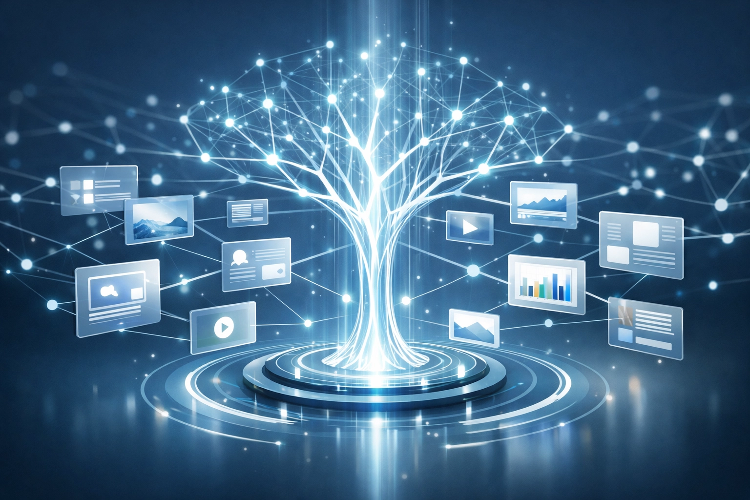 A futuristic library with a central light tree symbolizing a complete content ecosystem and deep topical authority.