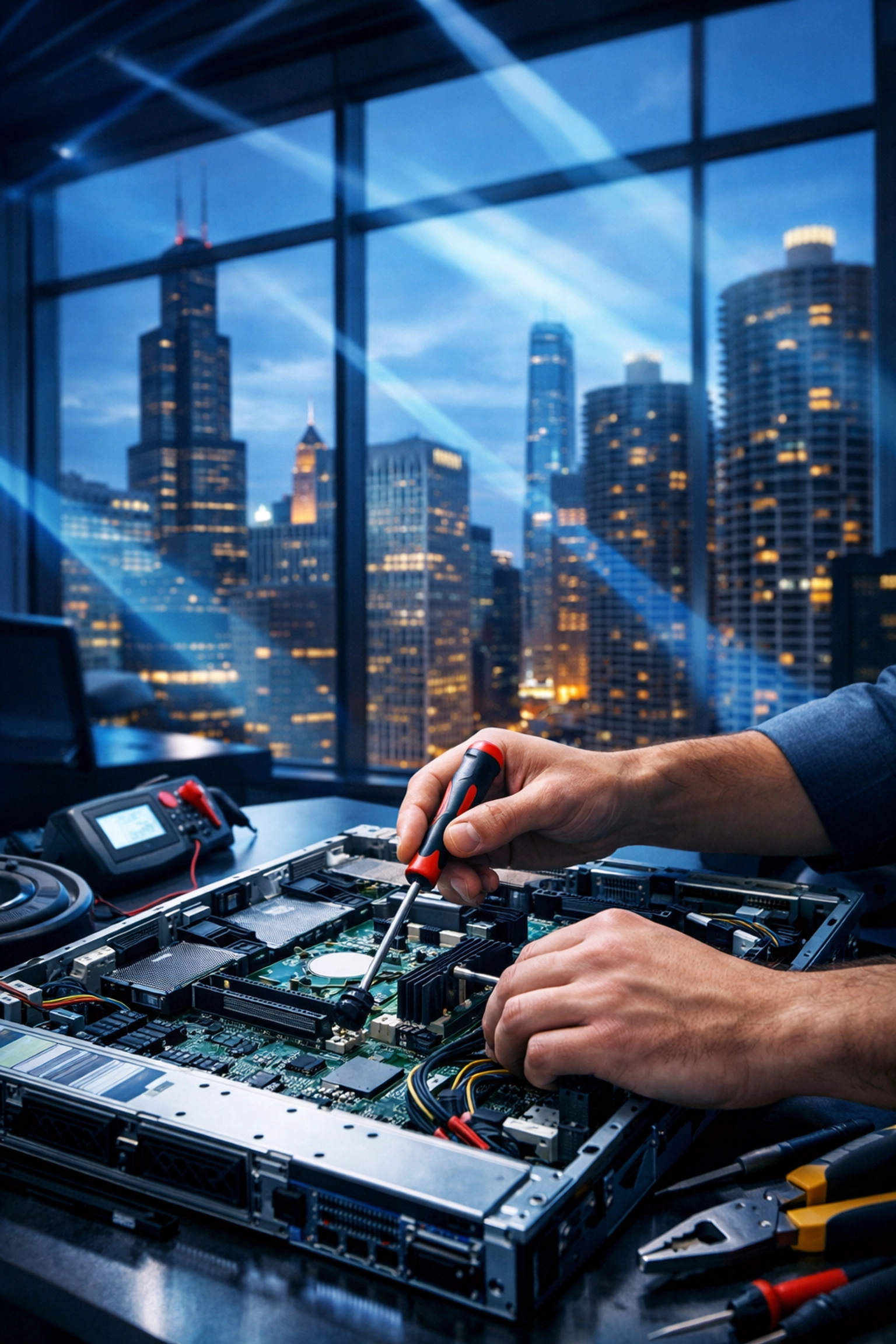Local IT technician providing on-site support in Chicago law office with city skyline