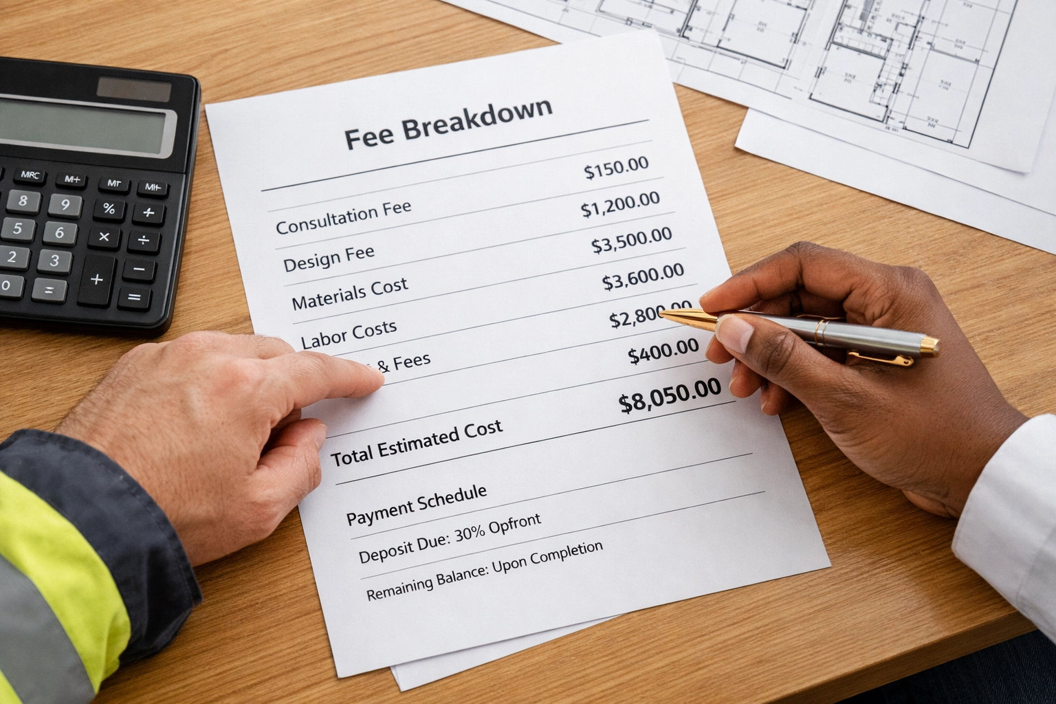 Contractor and private provider reviewing transparent fee structure for Florida inspection services