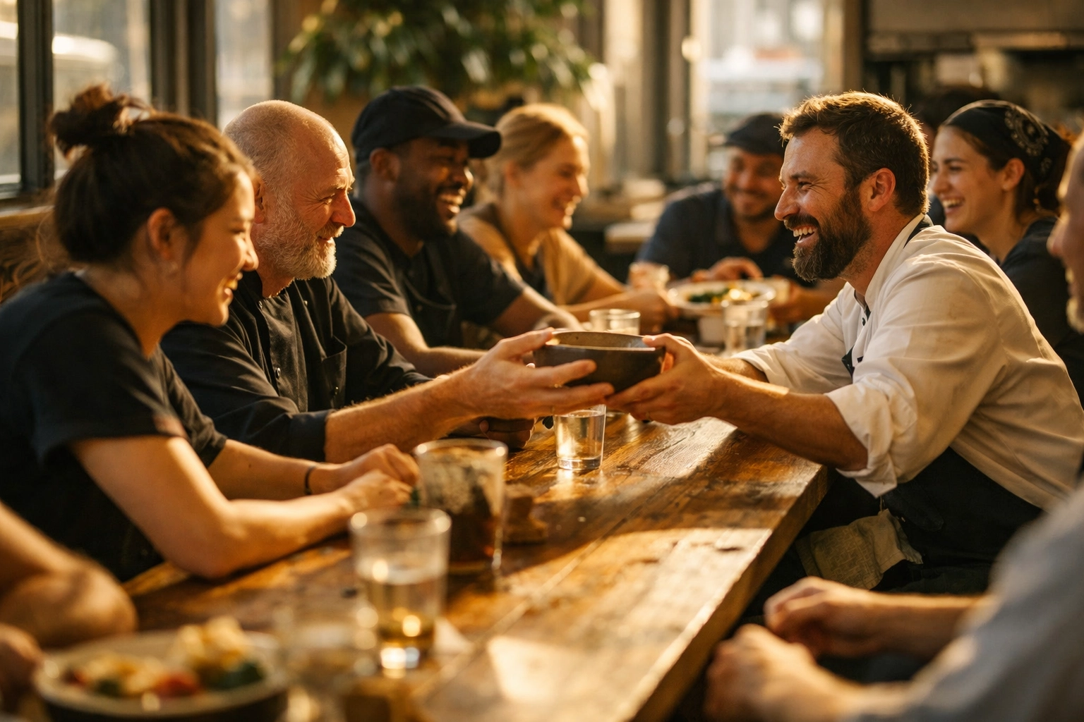 Restaurant team sharing family meal together, illustrating workplace community and human connection