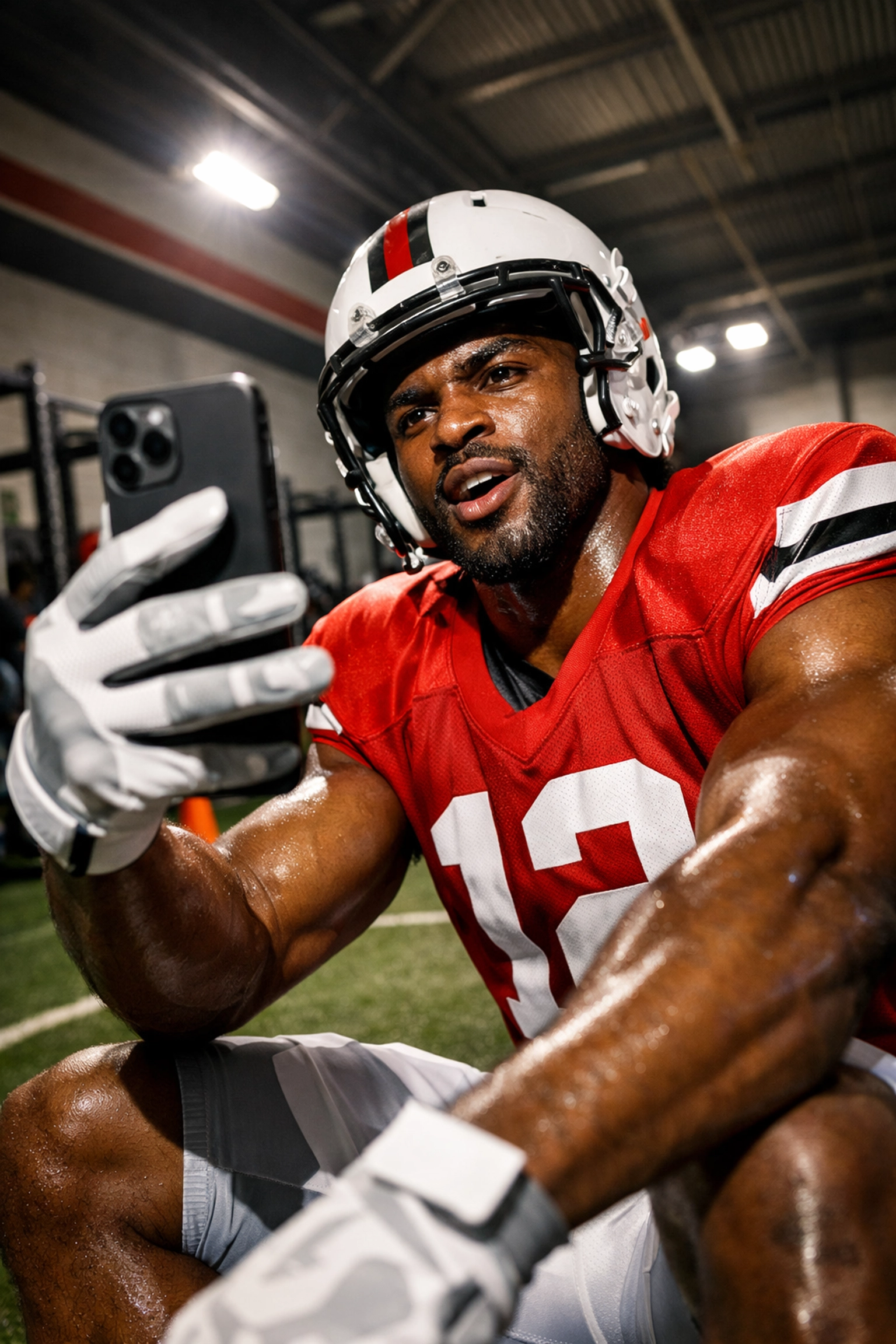 College football player creating social media content during training for NIL brand partnership