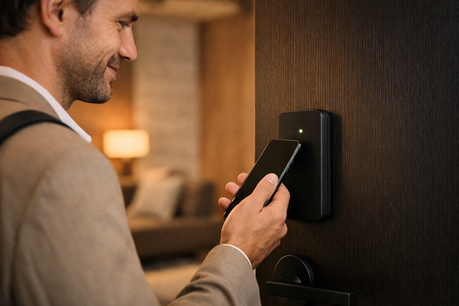 A hotel guest using a smartphone as a digital room key for a seamless check-in experience.