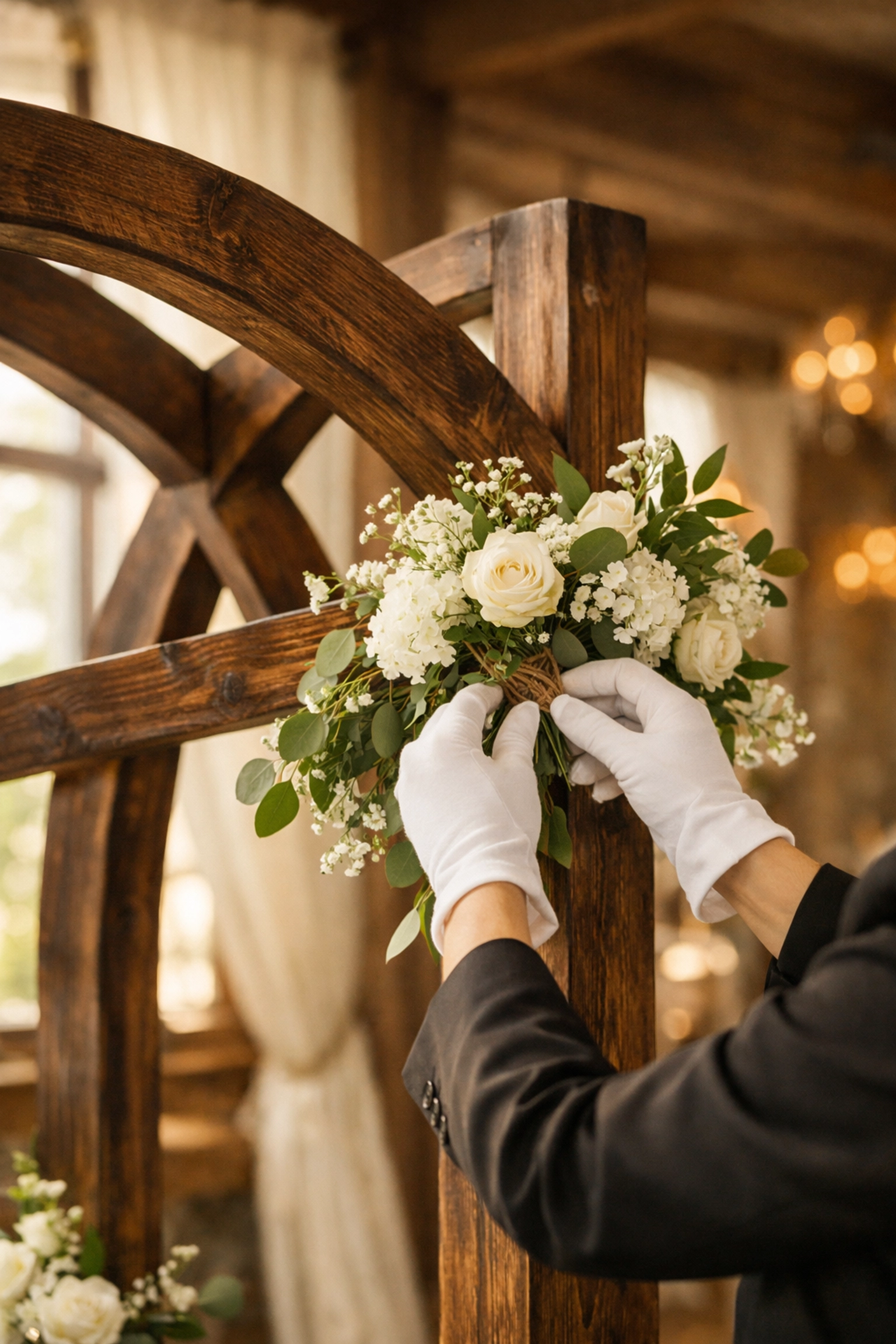Professional setup of a rustic wooden wedding arch rental for a stress-free 3-day wedding weekend.