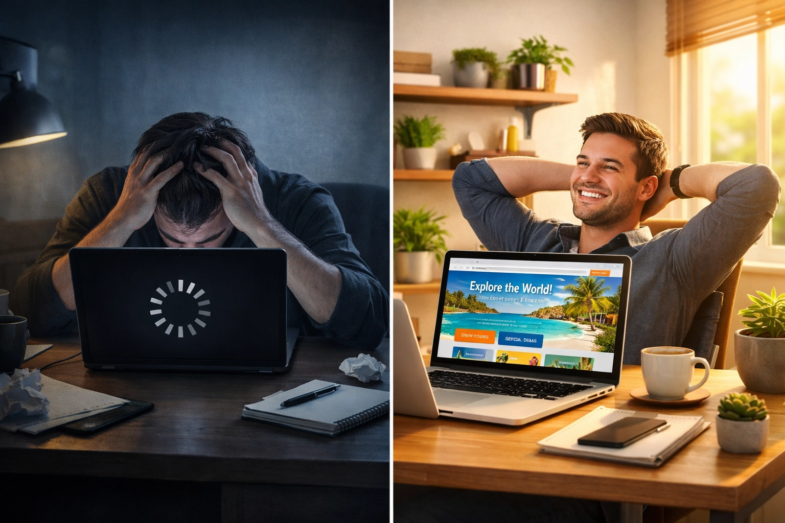 Comparison of slow loading website causing frustration versus fast optimized website performance