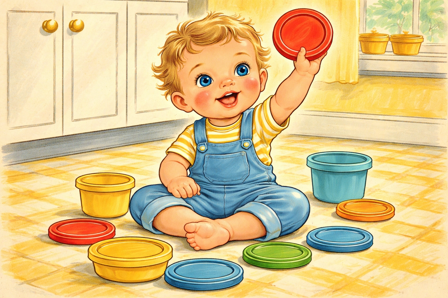 Toddler sitting on kitchen floor surrounded by colorful container lids, learning with a match-the-lid basket activity