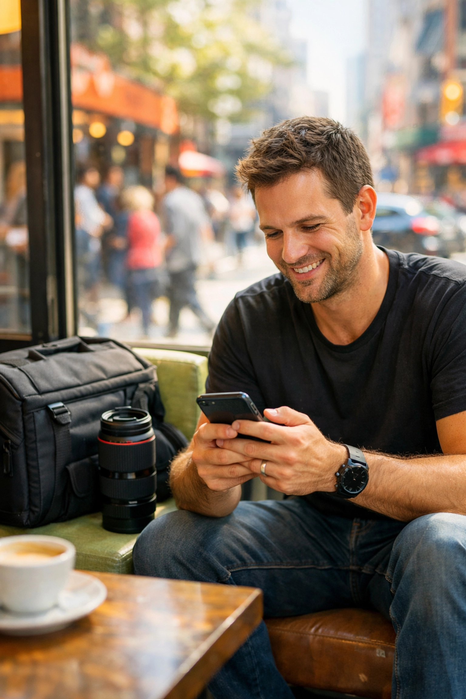 A professional photographer managing client bookings and communication on a smartphone in a bright cafe.