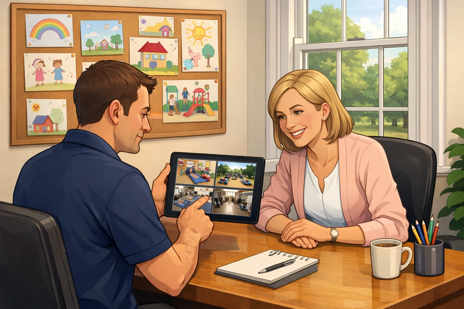 A nursery manager viewing live security camera feeds on a tablet during a training session with a technician.