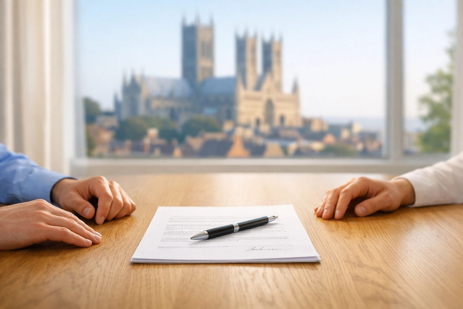 A peaceful mediation session in a Lincoln office with a view of the Cathedral, avoiding a court battle.