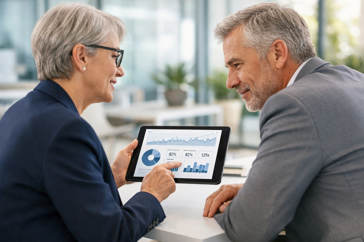 ServiceNow consultant and executive reviewing a data dashboard for an ITOM and AI strategy.