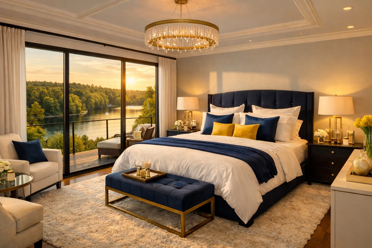 A spotless bedroom offering a view of greenery, achieved through professional recurring house cleaning services.