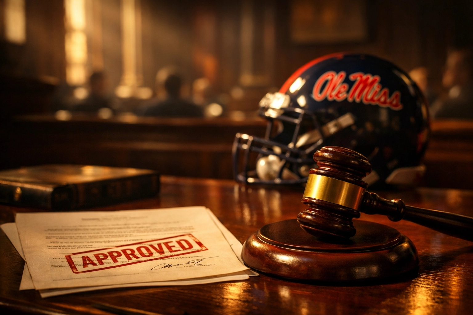 Judge's gavel and approved document with Ole Miss football helmet symbolizing Chambliss legal victory