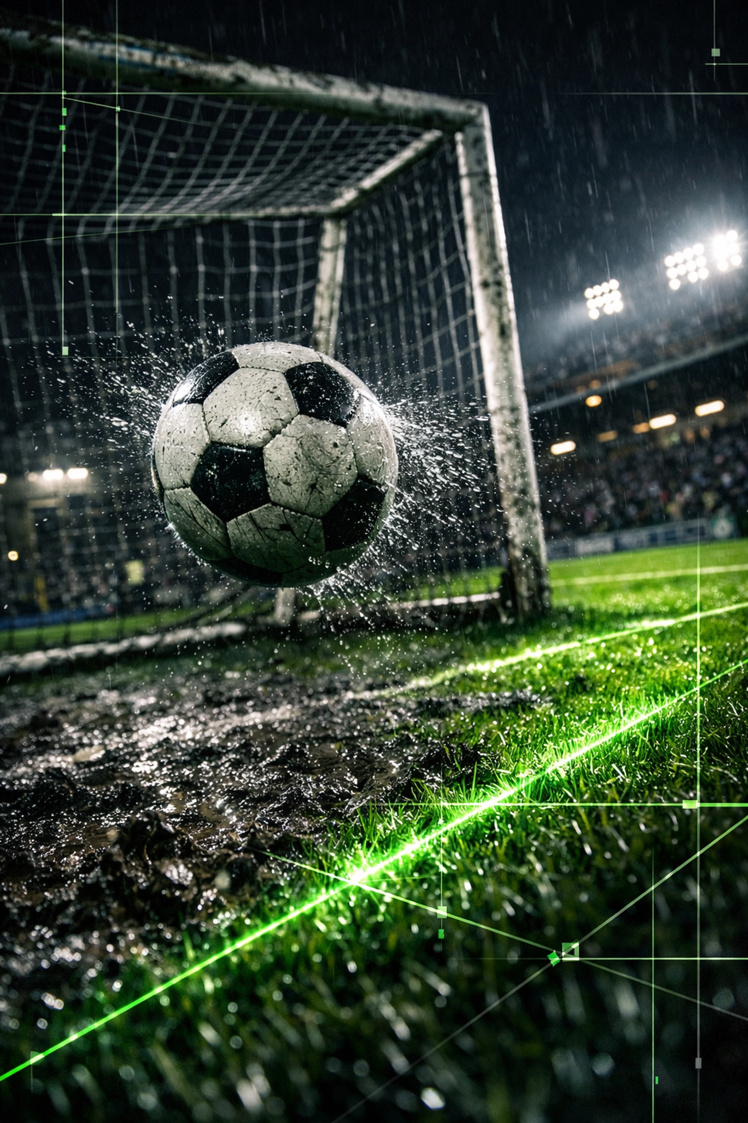 AI analysis of a muddy lower leagues goalmouth showing BTTS betting opportunities in chaotic weather.