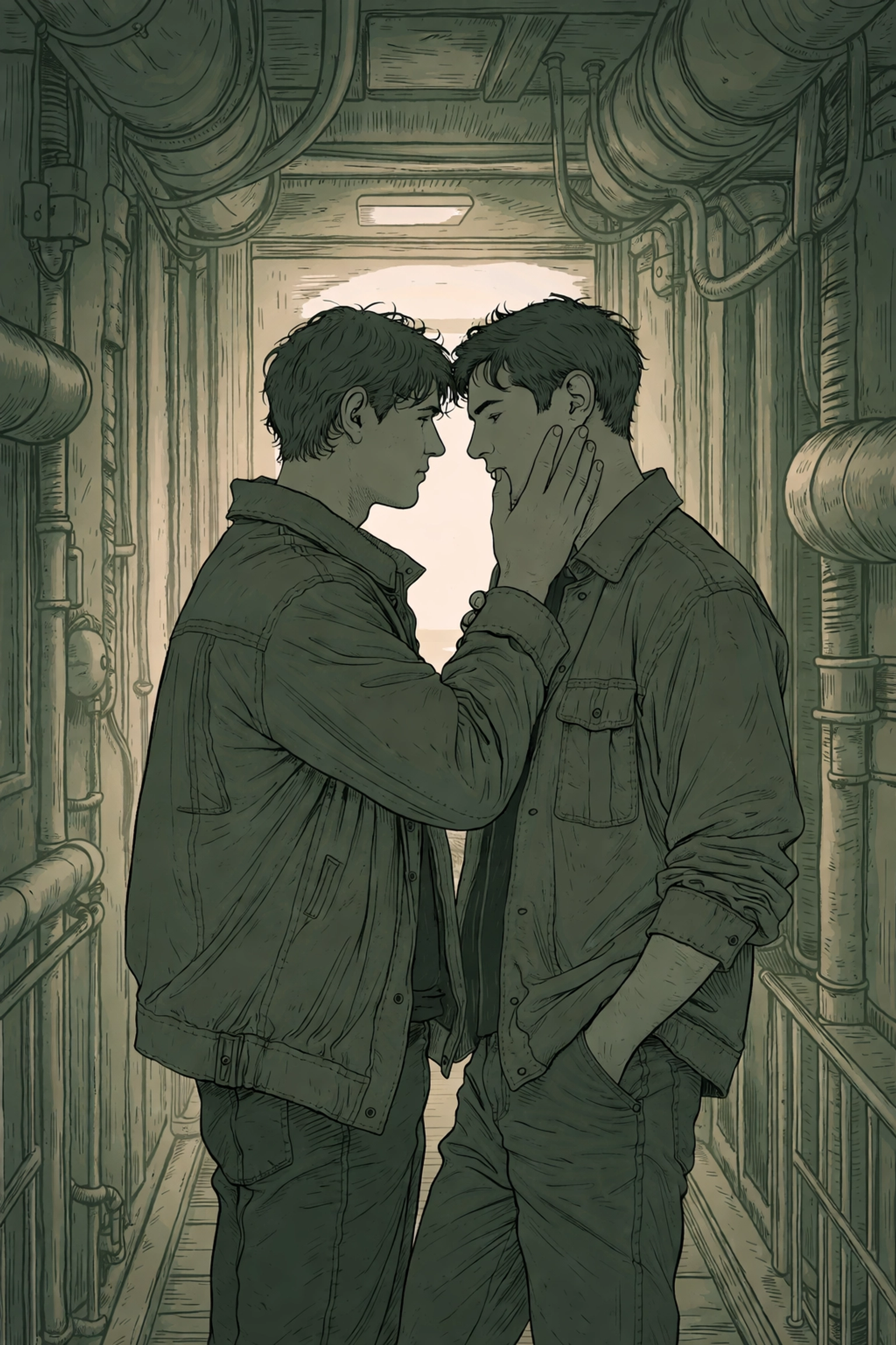 Two men share a secret intimate moment in a dim oil platform corridor, emphasizing hidden romance and urgency.